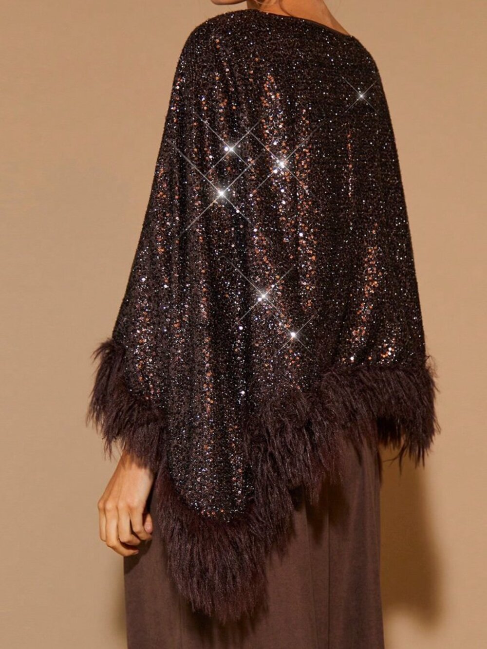 Brown Party Women's Elegant Sequin Loose Boat Neck Asymmetric Hem Top